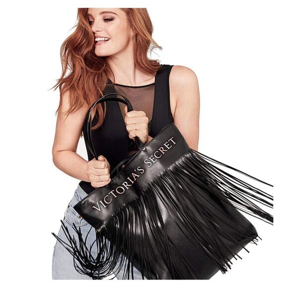 Victoria’s Secret Exclusive Fashion Show Faux Leather Black Fringe Tote Bag A++ - Picture 2 of 7